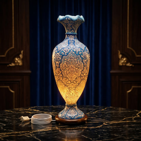 Elegant Blue Ornate Vase Lamp – Soft Ambient Glow
