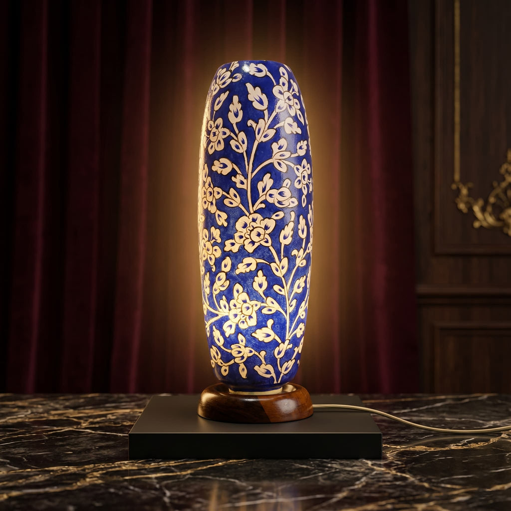 Royal Blue Floral Column Lamp – Elegant Statement Piece