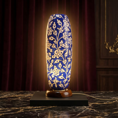 Royal Blue Floral Column Lamp – Elegant Statement Piece