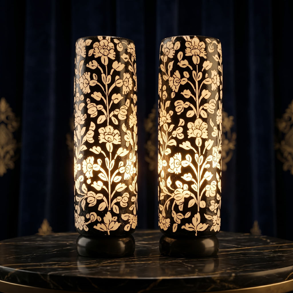 Midnight Floral Twin Column Lamps – Luxury Pair Edition