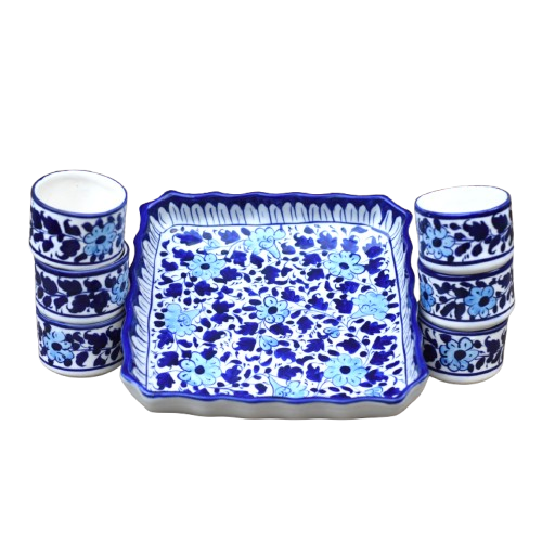 7 Piece White Floral Dessert Serving Set|Blue Pottery