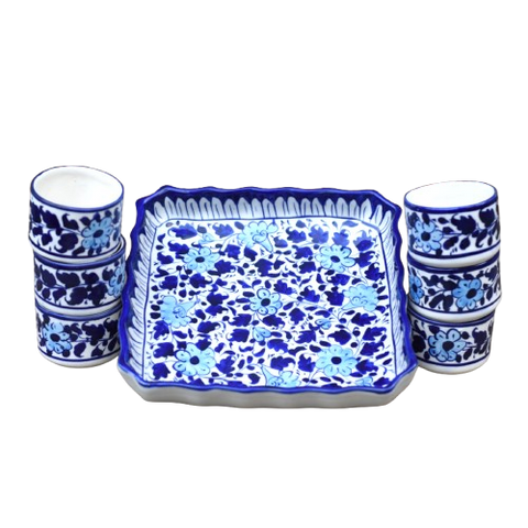 7 Piece White Floral Dessert Serving Set|Blue Pottery