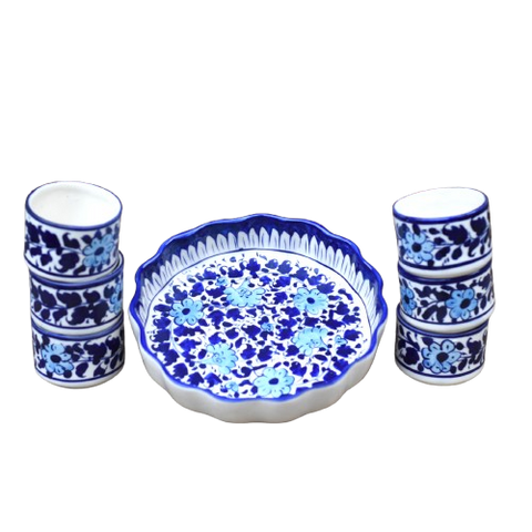 7 Piece White Floral Dessert Serving Set (Round)|Blue Pottery