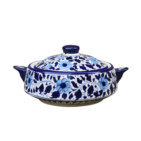 White Floral Donga/Cover Pot|Blue Pottery