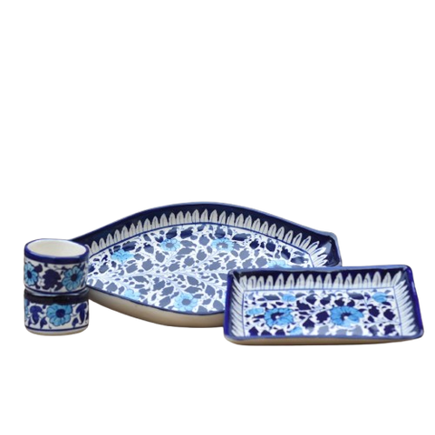 4 Piece White Floral Rice Serving Set|Blue pottery