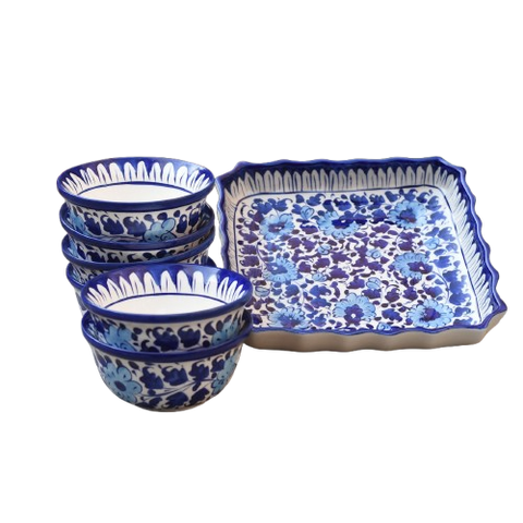 Floral White Dessert Serving Set(Square+bowl)|Blue Pottery