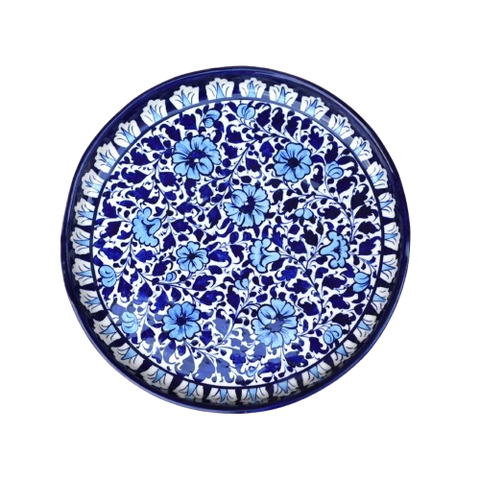 White Floral Large Round Platter/ Pizza Plate|Blue pottery