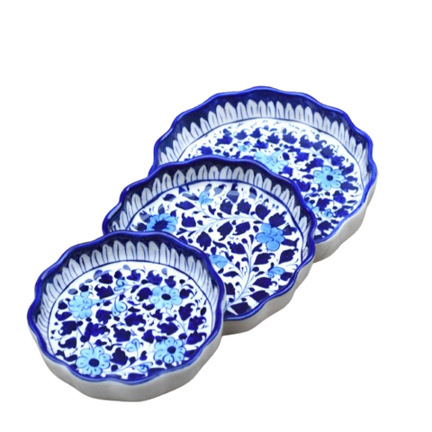 Set of Three White Floral Round Serving dish|Blue pottery