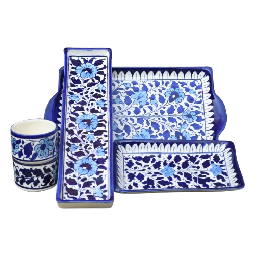 5 Piece Floral White BBQ Serving Set|Blue Pottery