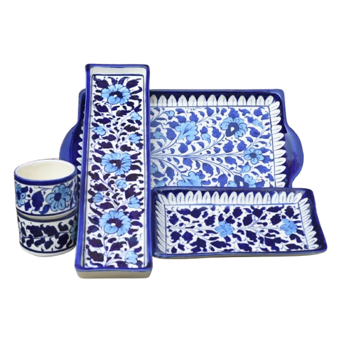 5 Piece Floral White BBQ Serving Set|Blue Pottery