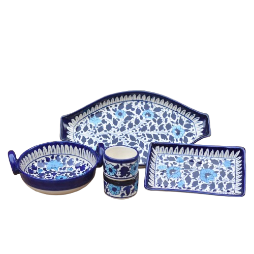 5 Piece White Floral Serving Set|Blue pottery