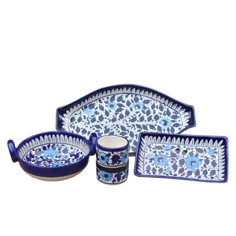 5 Piece White Floral Serving Set|Blue pottery